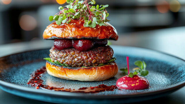 Vegan burger with lentil patty, microgreens, and beet sauce on a blue ceramic plate - Powered by Adobe