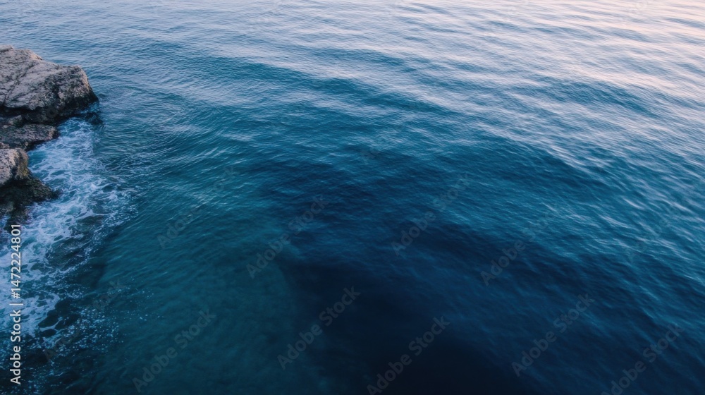 Aufkleber A high-angle view of ocean waves gently lapping against a rocky shore, showcasing the deep blue hues of the water and the textured surface of the rocks. : Generative AI
