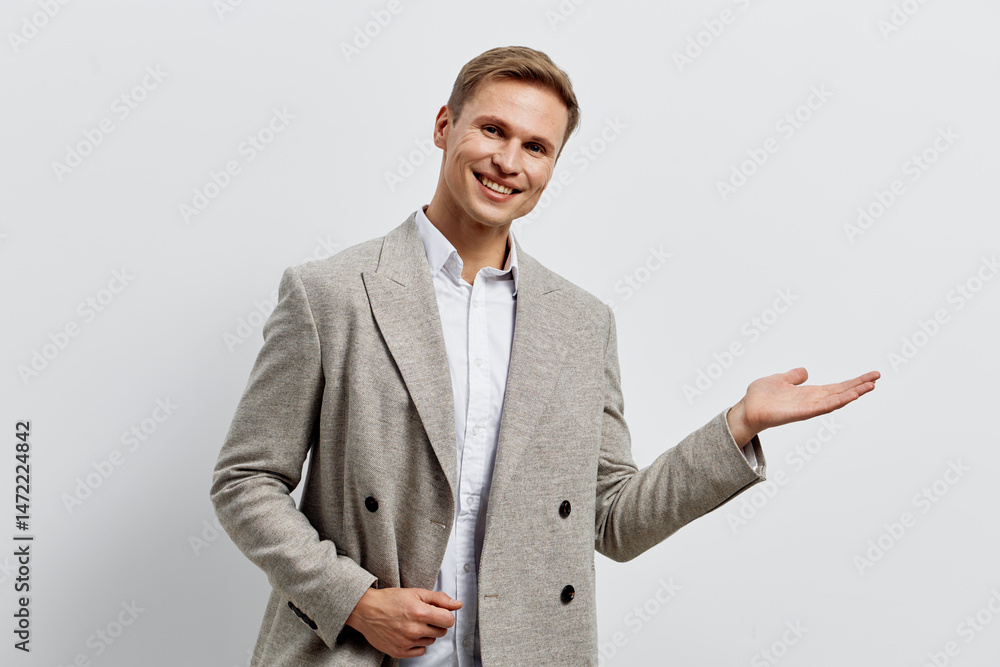 Poster smiling man working digital nomad hold palm open innovative technology modern gray background casual