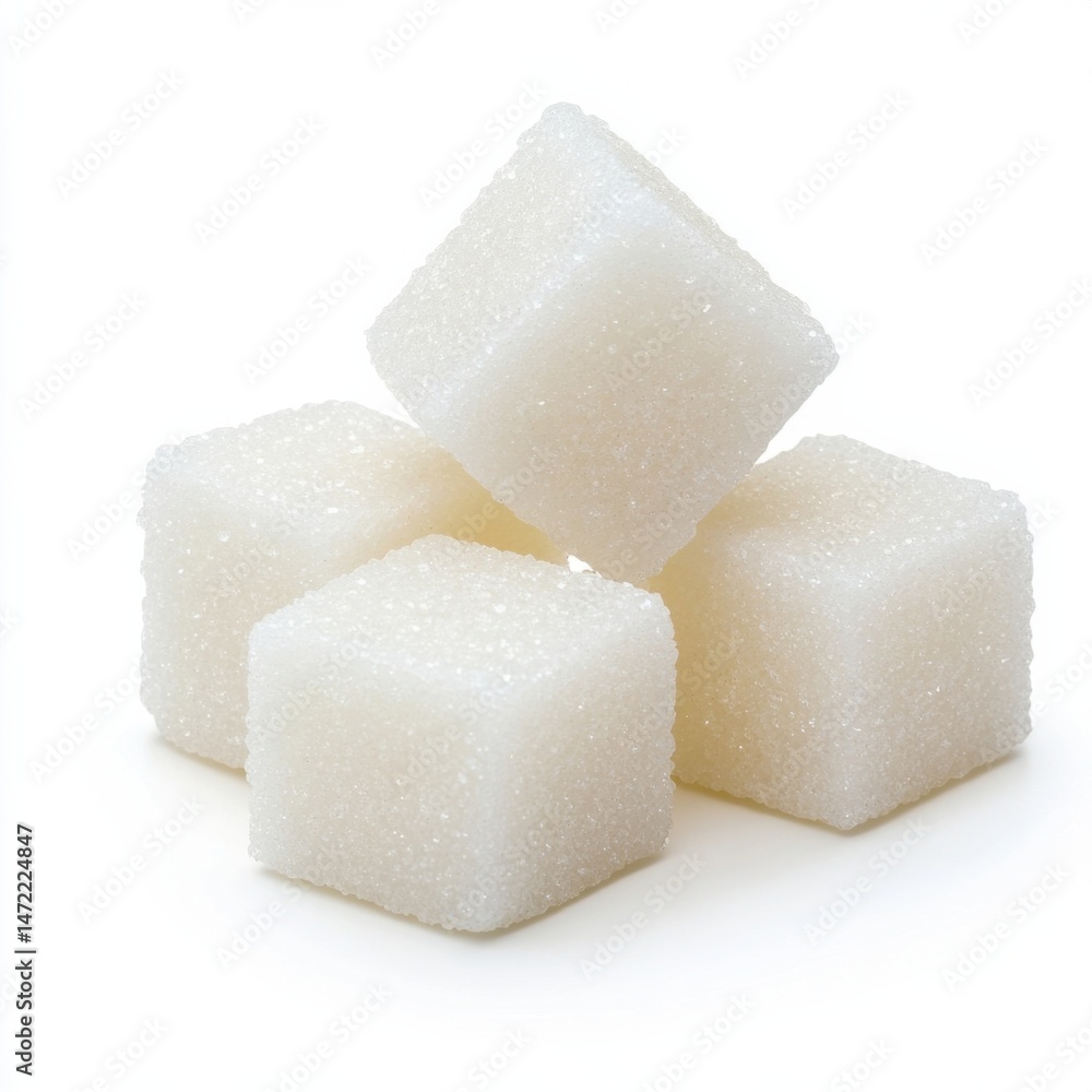 Poster a close-up shot of four white sugar cubes, neatly stacked against a bright white background. the ima