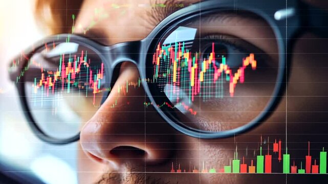 Vibrant red and green candlestick financial chart data reflected in glasses of a person intently analyzing market trends