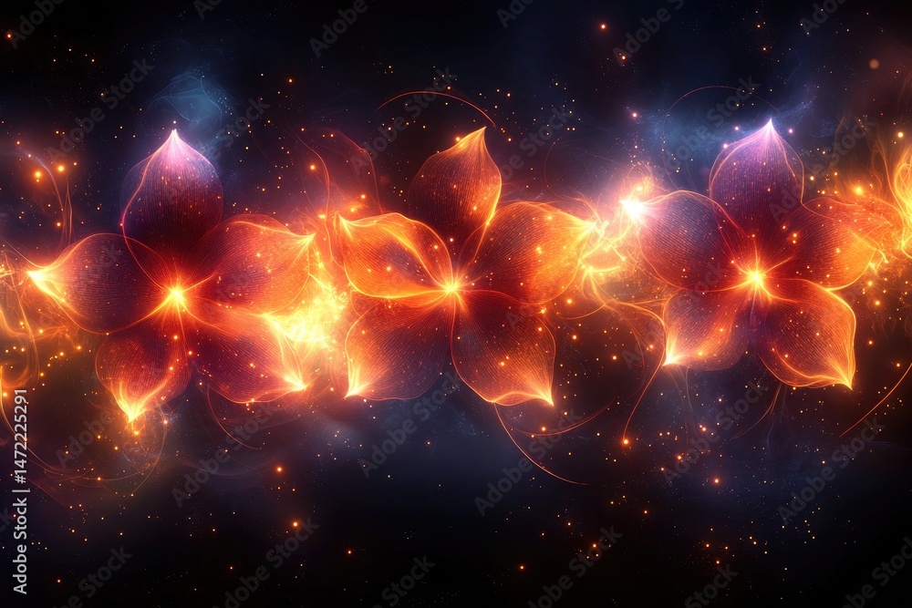 Poster glowing flowers with fiery edges stand out from dark space background. for use in sci-fi or fantasy 