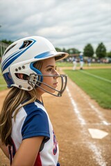 Girl softball player wearing batting helmet and mouthguard