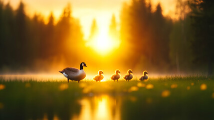 Golden hour geese family by a pond