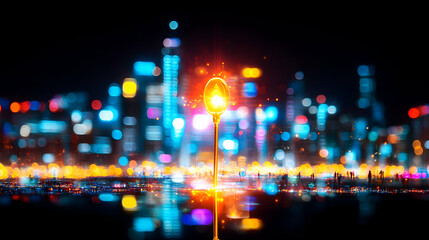 Illuminated lightbulb stands tall amidst a vibrant city night