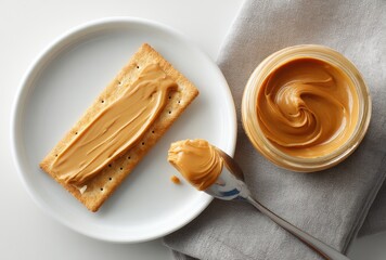 Delicious creamy peanut butter spread on a crunchy cracker served with a jar full of smooth peanut butter on a soft grey kitchen towel