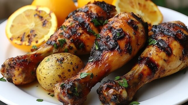 Grilled chicken drumsticks with potatoes and citrus.