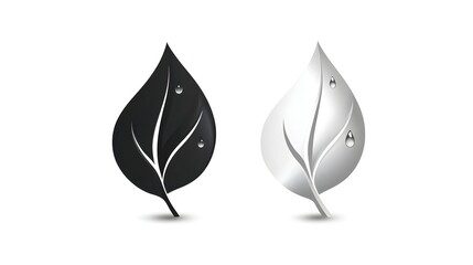 Fototapeta premium Digital illustration of two stylized leaf icons, one black and one silver, with water droplets.