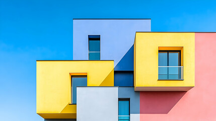 Colorful geometric building facade against a clear blue sky