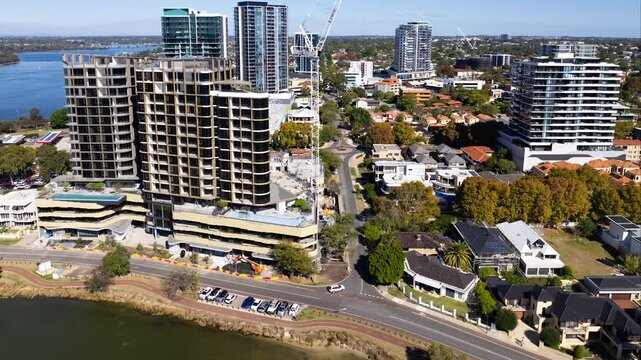 4k Aerial Drone Timelapse of construction of Luxury  Perth Apartments, Riviere Applecross, Edge Visionary Living, Finder Apartments under construction, Mt Pleasant Applecross Perth, Western Australia