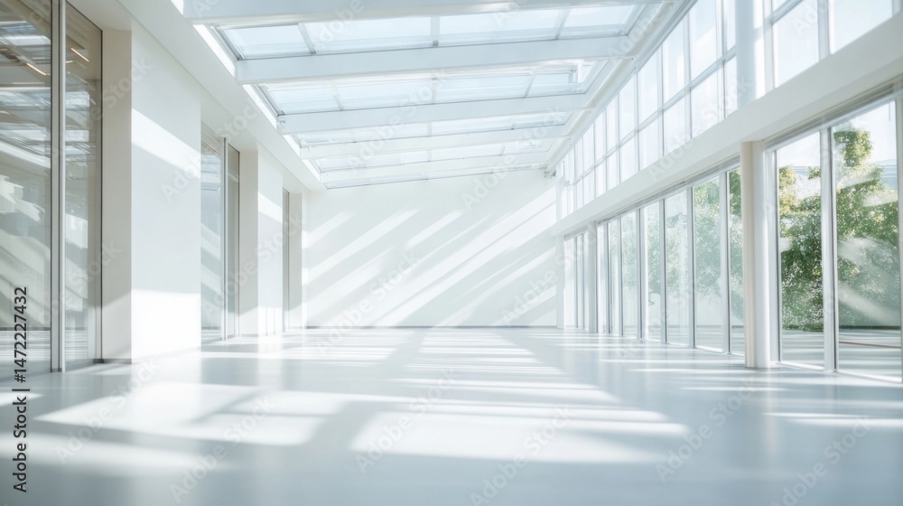 Poster sunlit modern hallway with large windows and glass ceiling, showcasing bright interior design and mi