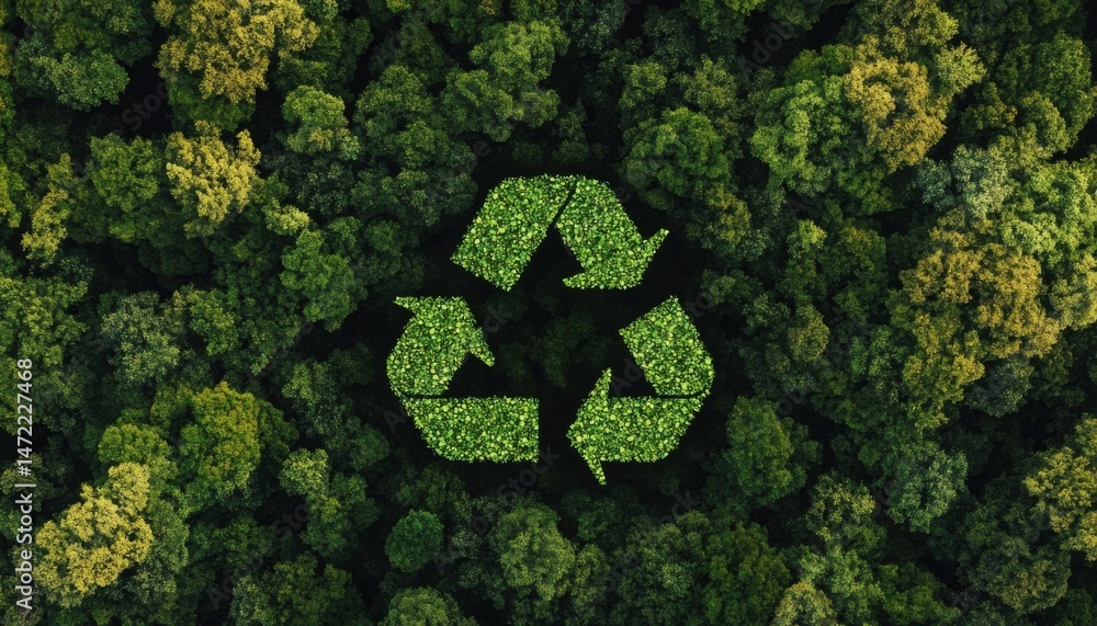 Poster aerial view of a lush green forest with a recycling symbol formed by foliage, illustrating sustainab