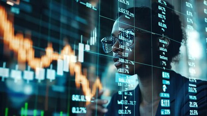 Woman with glasses intently studies glowing financial charts and data on a large, transparent digital screen - Powered by Adobe