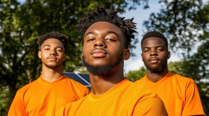 Confident Young Black Men in Orange Shirts Outdoors