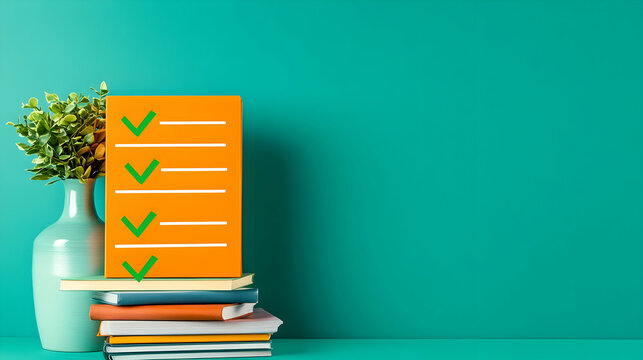 Orange checklist on books, teal background