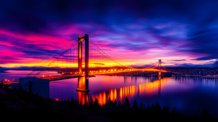 Obraz premium Vibrant sunset paints a dramatic sky above a suspension bridge and calm water reflecting city lights