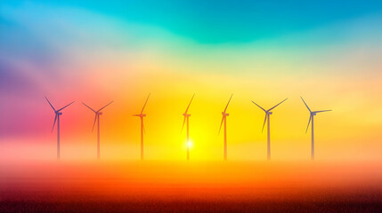 Vibrant sunset over a row of wind turbines in a hazy field