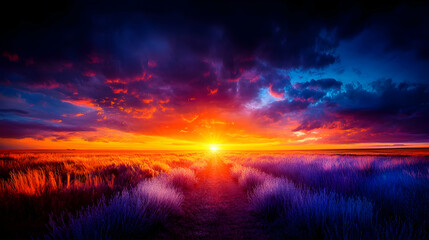 Fototapeta premium Vibrant sunset over a field of tall grass, with fiery oranges, purples, and blues dominating the sky