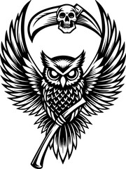 Obraz premium SVG vector of skull allies with mystical creatures in a dark fantasy theme. Mysterious Owl with Skull and Scythe Symbol in Black Art Design