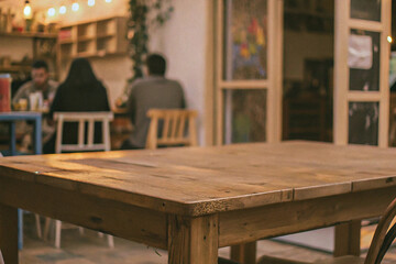 Wooden furniture like tables and chairs furnish the interior of a cafe or restaurant room, some near a window