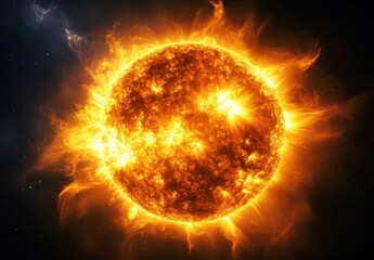 A vibrant depiction of the sun, showcasing its fiery surface and intense energy radiating outwards into the dark expanse of space, with visible solar flares and prominences. : Generative AI