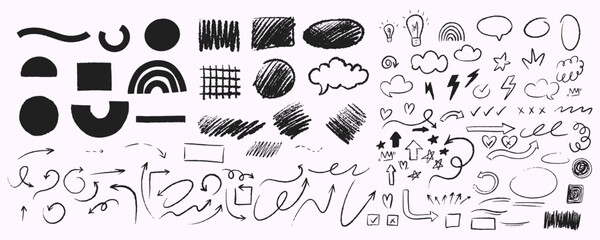 Set of vector chalk marks, doodle arrows and geometric abstract figures, grunge and sketch design elements.