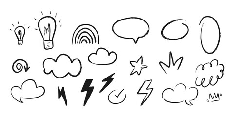 Set of vector chalk marks, doodle arrows and geometric abstract figures, grunge and sketch design elements.