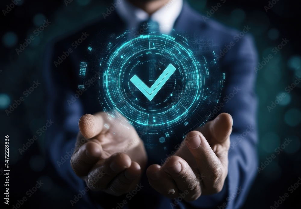 Aufkleber Businessman presenting a glowing teal checkmark symbol within a futuristic digital interface, signifying approval, success, or verification. : Generative AI