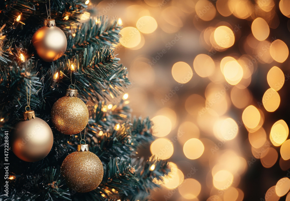 Poster closeup of gold christmas ornaments hanging on a decorated evergreen tree with warm bokeh lights in 