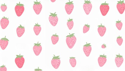 Pattern of colorful strawberries in various sizes against a white background, showcasing a playful and fresh design