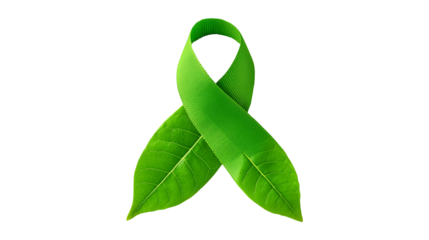Green awareness ribbon with leaf tips on transparent background