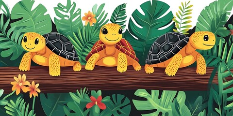 Cute turtles on a log in a tropical jungle. Possible use Children's book illustration