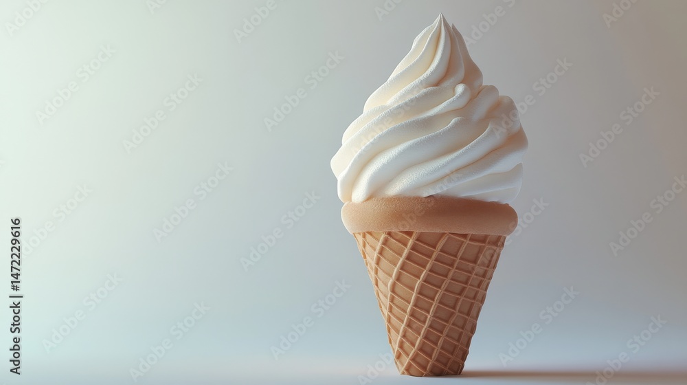 Poster a 3d rendering of a vanilla soft serve ice cream in a plain cone, isolated on a white background