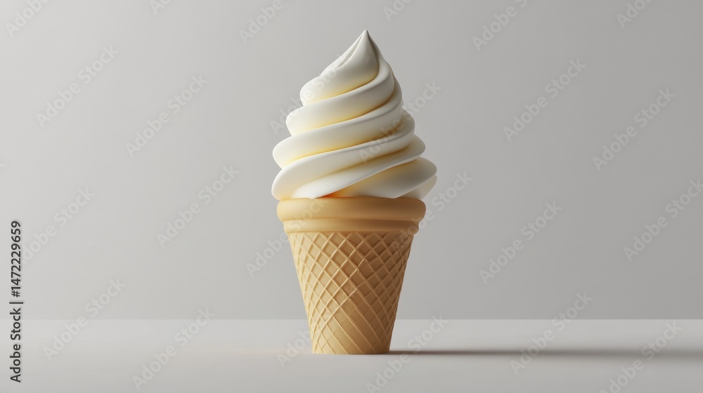 Poster a 3d rendering of a vanilla soft serve ice cream in a plain cone, isolated on a white background