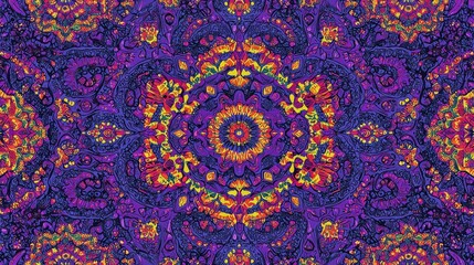 Vibrant mandala pattern with intricate details and symmetrical design in purple, orange, and yellow hues.
