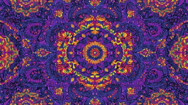 Vibrant mandala pattern with intricate details and symmetrical design in purple, orange, and yellow hues.