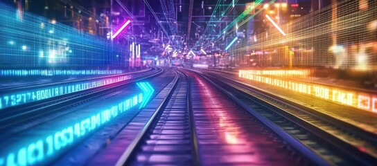 Vibrant Neon Cityscape Train Tracks at Night
