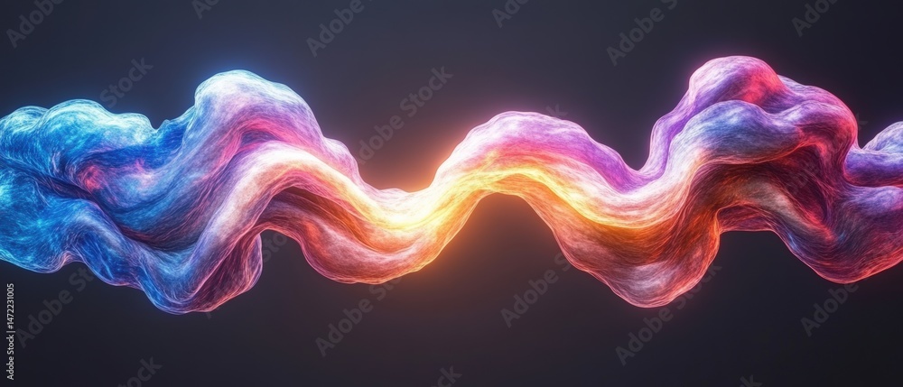 Poster an abstract colorful fluid shape flows with glowing energy across a dark, minimalist background scen