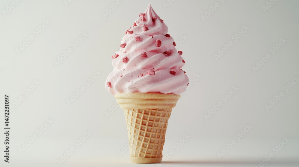 Poster a 3d rendering of a strawberry cheesecake ice cream cone with visible bits of cake, on a white backg