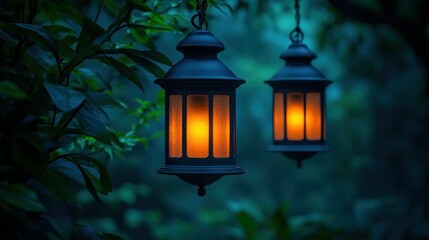 Two hanging lanterns illuminating a lush garden setting at twilight