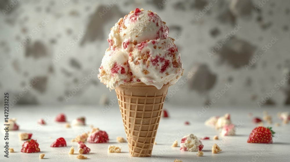 Poster a 3d rendering of a strawberry cheesecake ice cream cone with visible bits of cake, on a white backg