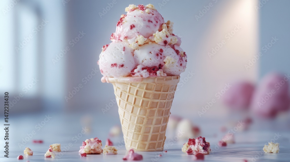 Poster a 3d rendering of a strawberry cheesecake ice cream cone with visible bits of cake, on a white backg