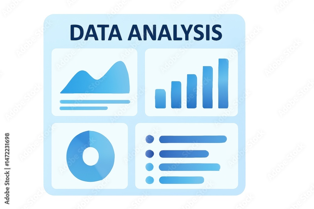 Poster a data analysis dashboard featuring graphs, bar charts, pie chart, and analytics in blue tones.