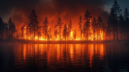 Fototapeta premium Forest fire raging near lake