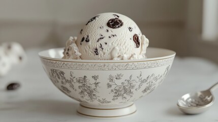 A 3D rendering of a rum raisin ice cream scoop in a vintage bowl, set on a white background