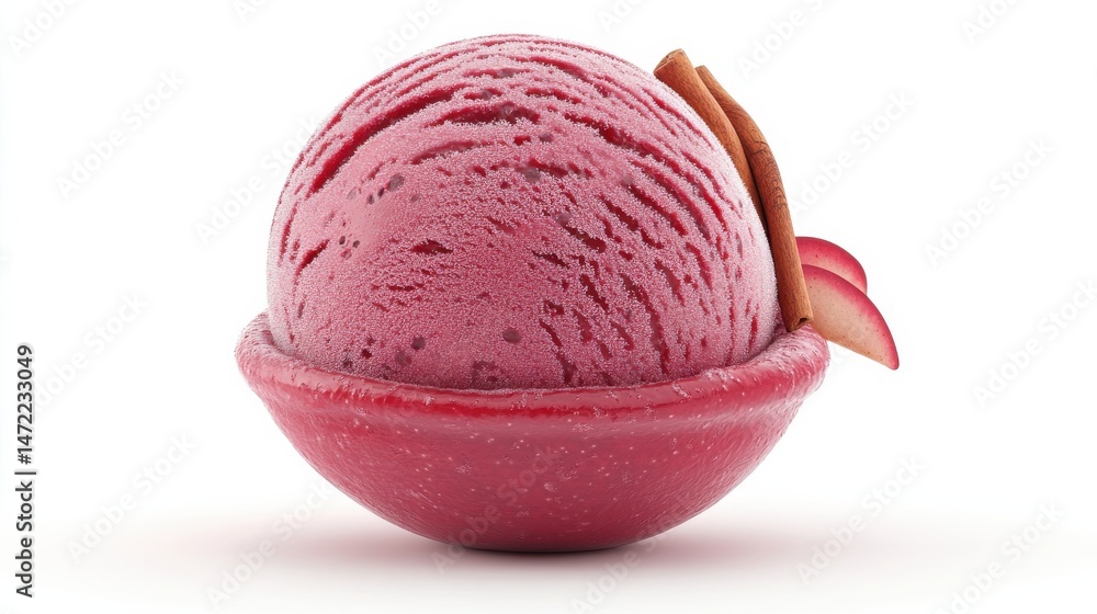 Poster a 3d rendering of a red apple ice cream scoop with cinnamon garnish, set on a white background
