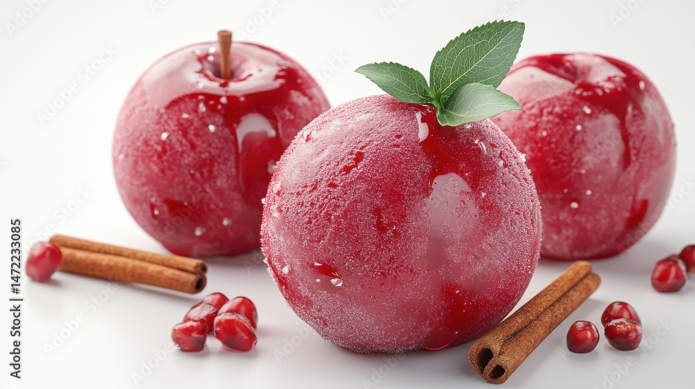 Poster a 3d rendering of a red apple ice cream scoop with cinnamon garnish, set on a white background