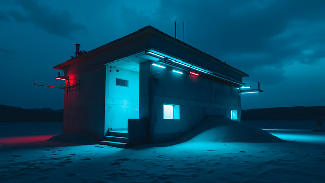 Submerged Concrete Bunker Amidst Desert Neon Glow, Mysterious Isolation - Powered by Adobe