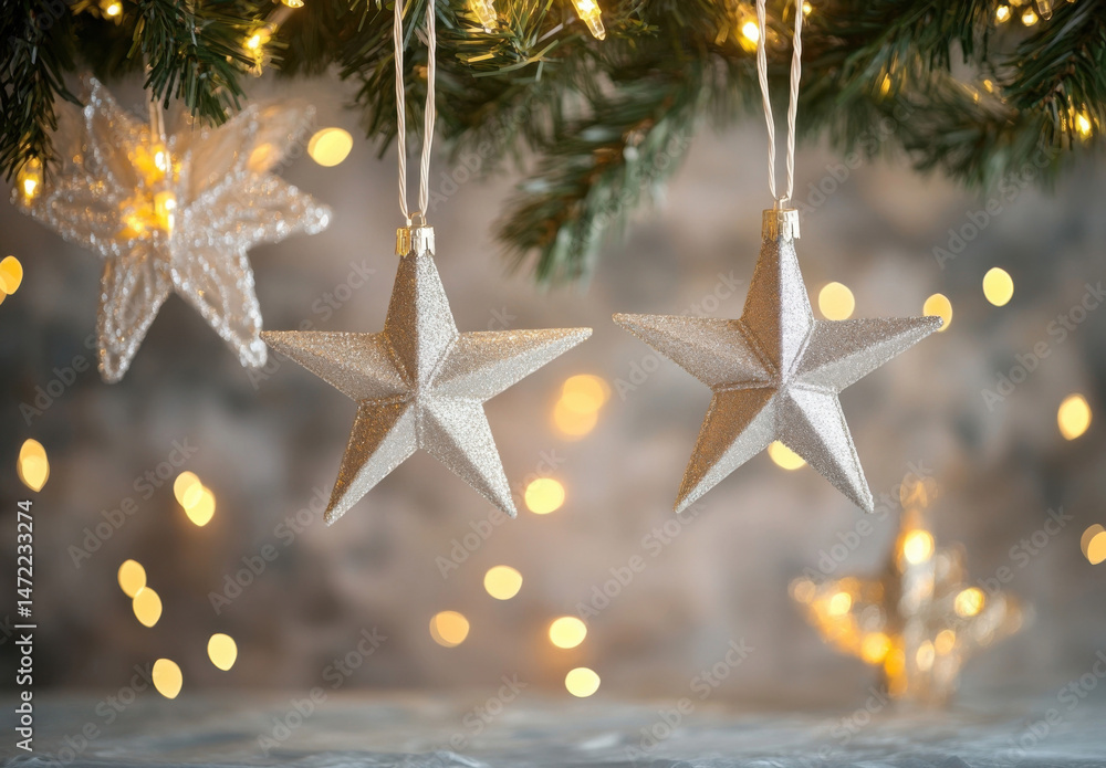 Poster two silver glitter star ornaments hang from a christmas tree branch, illuminated by warm bokeh light