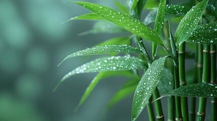 Lush green bamboo stalks and leaves covered in glistening water droplets. Use it for themes of zen, nature, peacefulness, and eco-consciousness.